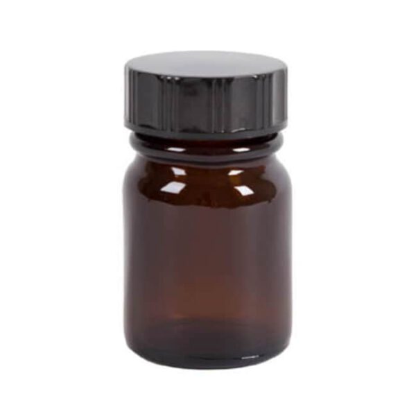 Amber winchester bottle with fitted R3/24 black urea caps with woodpulp p.v.d.c faced liner (4oz), 125ml