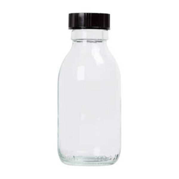 Amber winchester bottle with fitted R3/20 black urea caps with polythene cone liner, 15ml