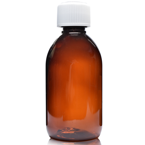 Amber alpha sirop bottle with fitted 28mm white polypropylene cap with epe liner, 30ml