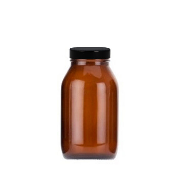 Amber powder bottle lightweight with fitted R3/48 black urea caps with woodpulp p.v.d.c faced liner, 250ml