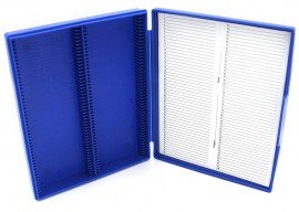 Microscope slide storage box with lid and drop down front to take 108 slides each 76 x 26mm